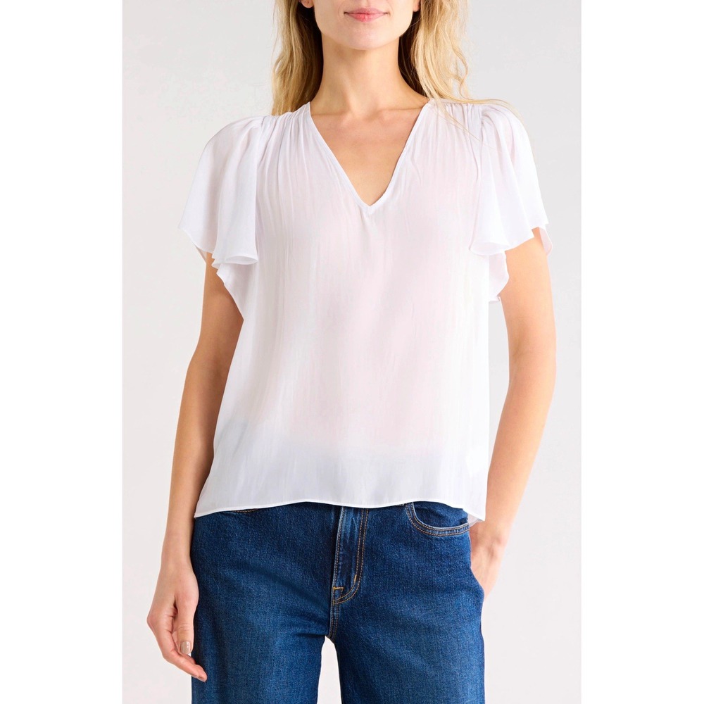 Ramy Brook NWT Bronta V-Neck Top Womens M Ivory Flutter Sleeve Blouse Msrp$325